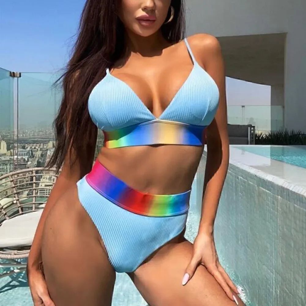 NEW! Sexy Baby Blue Ombre Tape High Cut Bikini Swimsuit Women's Small